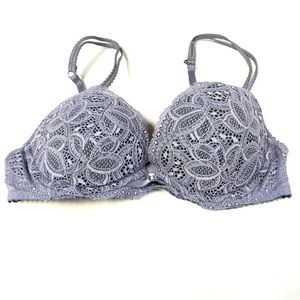 Very Victorias Secret 34B Pushup Bra Padded Solid Purple Floral Lace #2053